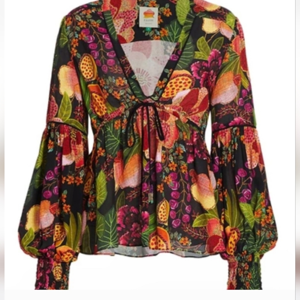 FARM RIO Black Fruit Floral Vibrant Balloon Sleeve Deep Plunge Blouse Size S - Picture 2 of 11